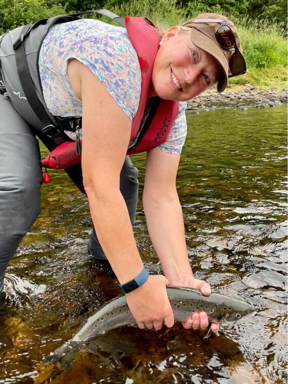 Amanda MacMillian with her first ever salmon from McGregors Stream on Laggan.
